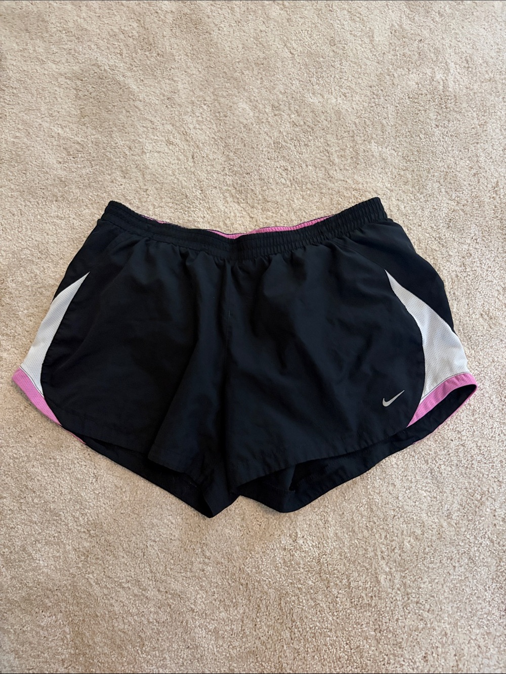 Nike Women’s Black Athletic Shorts with Pink and White Accents
